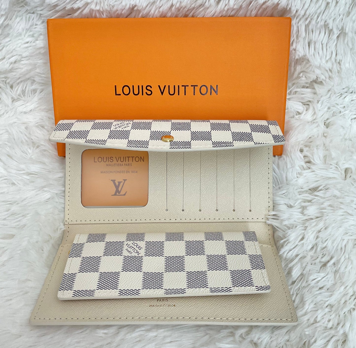 White Checkered Long Wallet