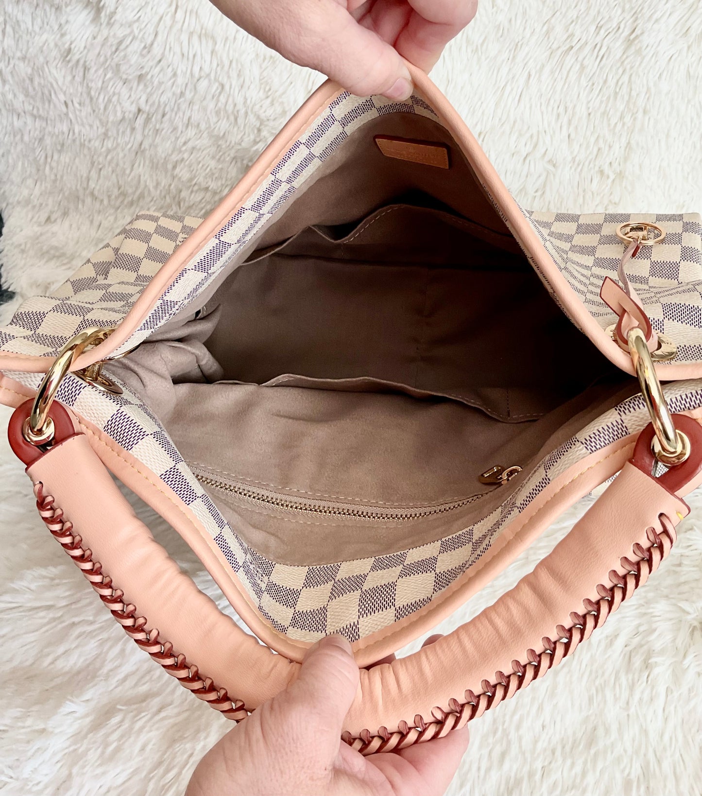 White/Grey Checkered Large Hobo Handbag