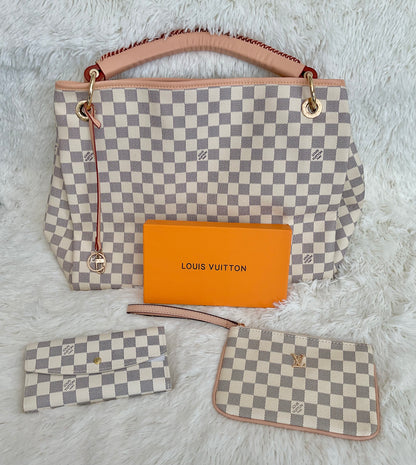 White/Grey Checkered Large Hobo Handbag